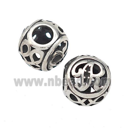 Stainless Steel Round Beads Letter-R Hollow Large Hole Antique Silver