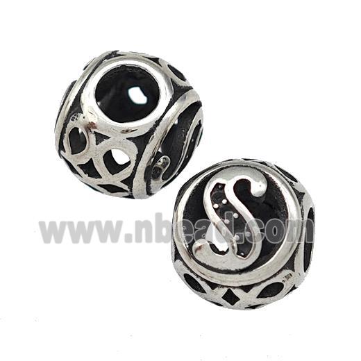 Stainless Steel Round Beads Letter-S Hollow Large Hole Antique Silver