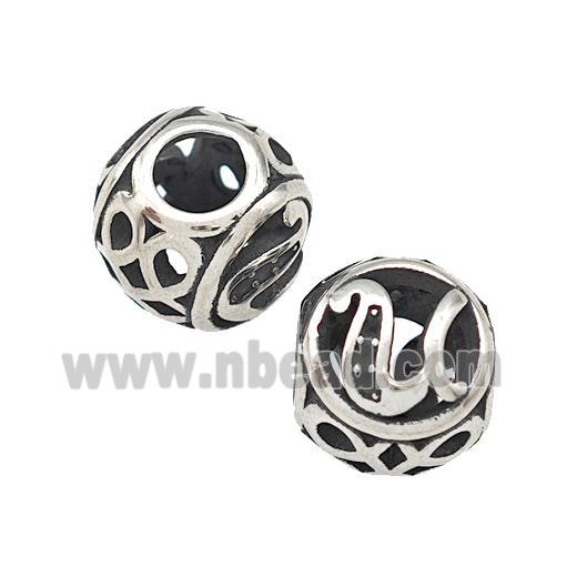 Stainless Steel Round Beads Letter-U Hollow Large Hole Antique Silver