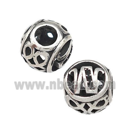 Stainless Steel Round Beads Letter-W Hollow Large Hole Antique Silver