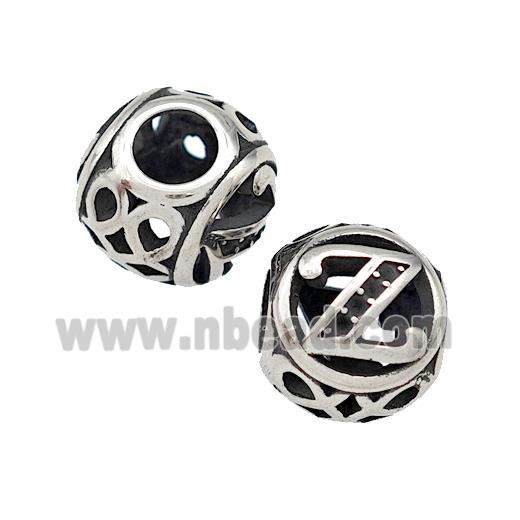 Stainless Steel Round Beads Letter-Z Hollow Large Hole Antique Silver