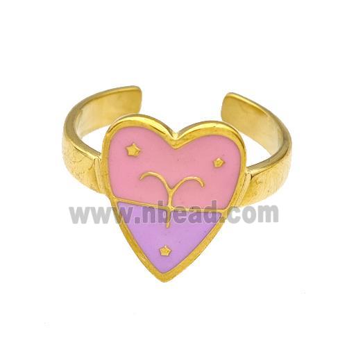 Stainless Steel Heart Rings Zodiac Aries Pink Enamel Gold Plated
