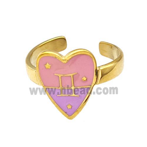 Stainless Steel Heart Rings Zodiac Gemini Pink Enamel Gold Plated
