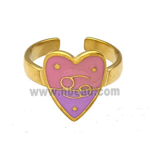 Stainless Steel Heart Rings Zodiac Cancer Pink Enamel Gold Plated