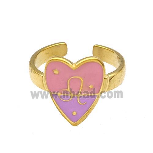 Stainless Steel Heart Rings Zodiac Leo Pink Enamel Gold Plated