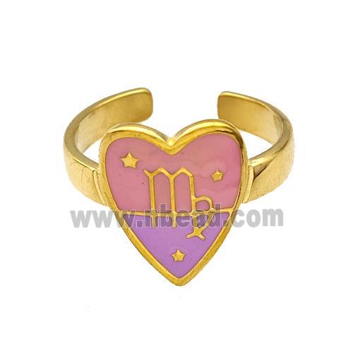 Stainless Steel Heart Rings Zodiac Virgo Pink Enamel Gold Plated