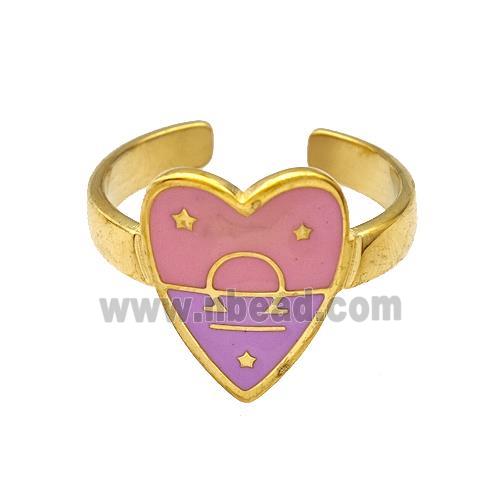 Stainless Steel Heart Rings Zodiac Libra Pink Enamel Gold Plated