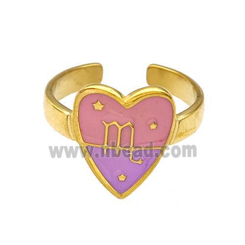 Stainless Steel Heart Rings Zodiac Scorpio Pink Enamel Gold Plated