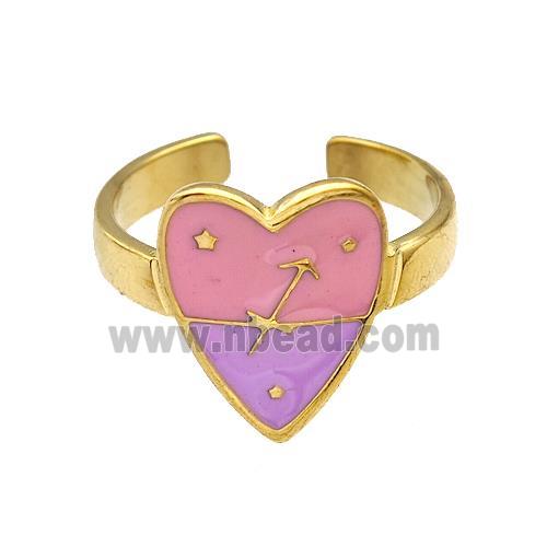 Stainless Steel Heart Rings Zodiac Sagittarius Pink Enamel Gold Plated