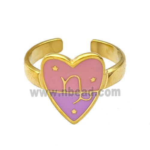 Stainless Steel Heart Rings Zodiac Capricorn Pink Enamel Gold Plated
