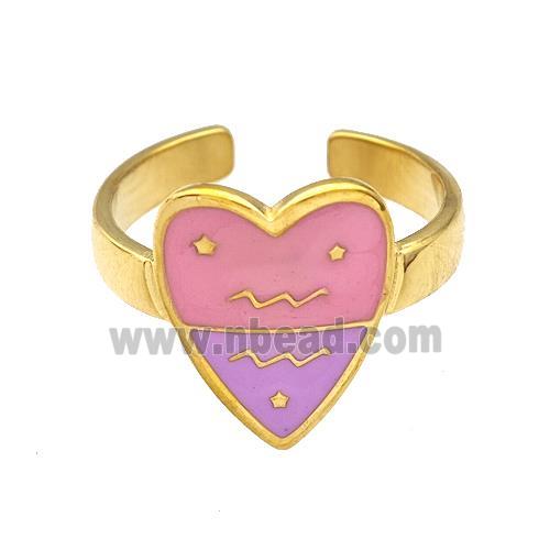 Stainless Steel Heart Rings Zodiac Aquarius Pink Enamel Gold Plated