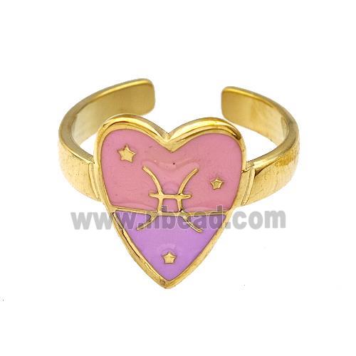 Stainless Steel Heart Rings Zodiac Pisces Pink Enamel Gold Plated