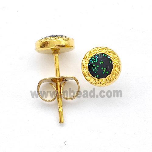 Stainless Steel Stud Earring Pave Black Fire Opal Gold Plated
