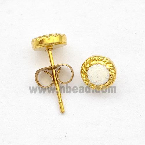 Stainless Steel Stud Earring Pave White Fire Opal Gold Plated