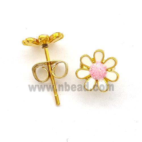 Stainless Steel Daisy Flower Stud Earring Pave Fire Opal White Enamel Gold Plated