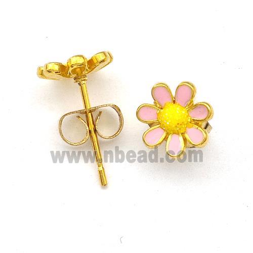 Stainless Steel Daisy Flower Stud Earring Pave Fire Opal Pink Enamel Gold Plated