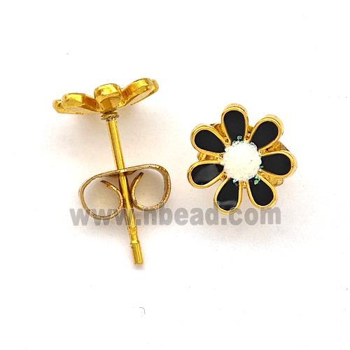 Stainless Steel Daisy Flower Stud Earring Pave Fire Opal Black Enamel Gold Plated