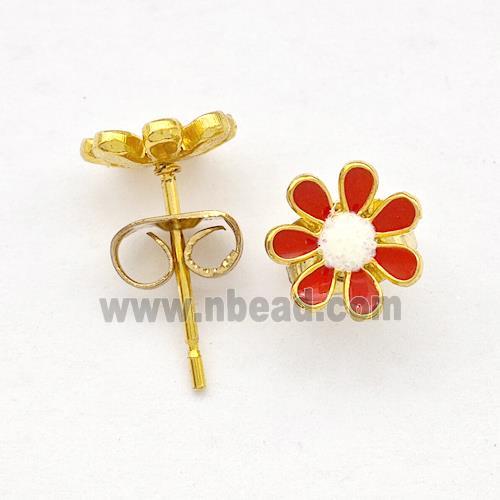 Stainless Steel Daisy Flower Stud Earring Pave Fire Opal Red Enamel Gold Plated