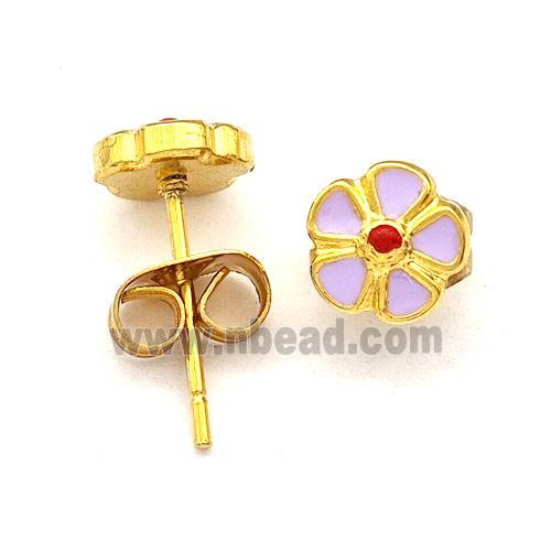 Stainless Steel Flower Stud Earring Lavender Enamel Gold Plated
