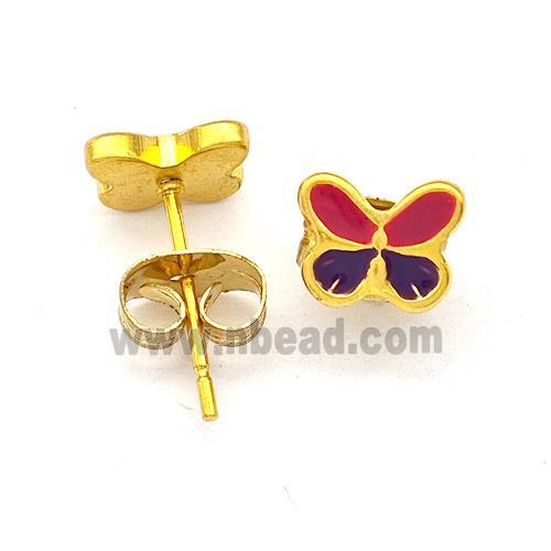 Stainless Steel Butterfly Stud Earring Multicolor Enamel Gold Plated