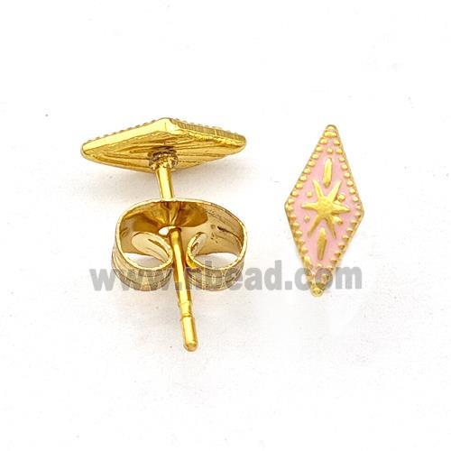Stainless Steel Compass Stud Earring Pink Enamel Gold Plated