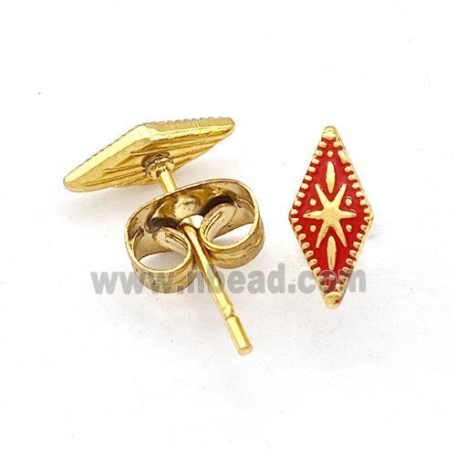 Stainless Steel Compass Stud Earring Red Enamel Gold Plated