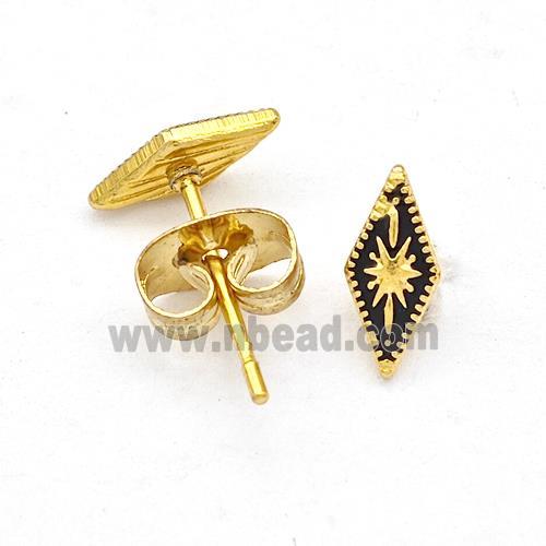 Stainless Steel Compass Stud Earring Black Enamel Gold Plated