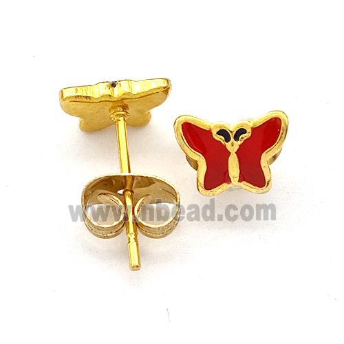 Stainless Steel Butterfly Stud Earring Red Enamel Gold Plated