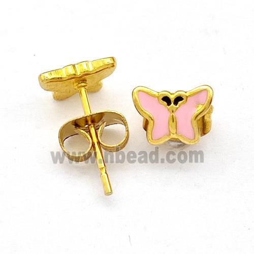 Stainless Steel Butterfly Stud Earring Pink Enamel Gold Plated