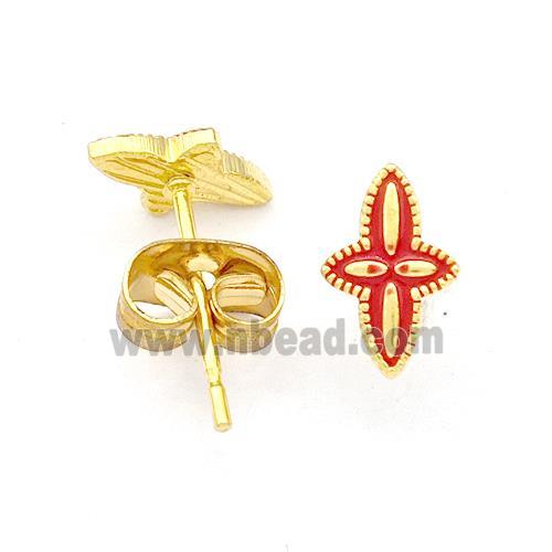 Stainless Steel Compass Stud Earring Red Enamel Gold Plated