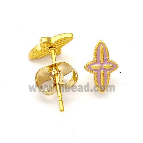 Stainless Steel Compass Stud Earring Lavender Enamel Gold Plated