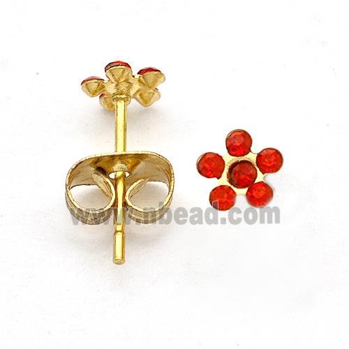 Stainless Steel Flower Stud Earring Pave Red Rhinestone Gold Plated