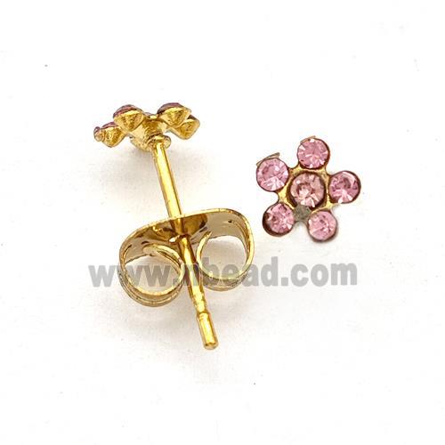Stainless Steel Flower Stud Earring Pave Pink Rhinestone Gold Plated