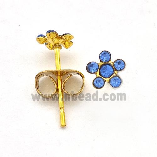 Stainless Steel Flower Stud Earring Pave Blue Rhinestone Gold Plated