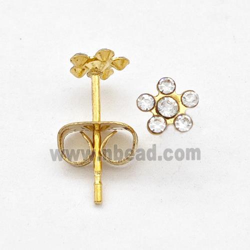 Stainless Steel Flower Stud Earring Pave Rhinestone Gold Plated