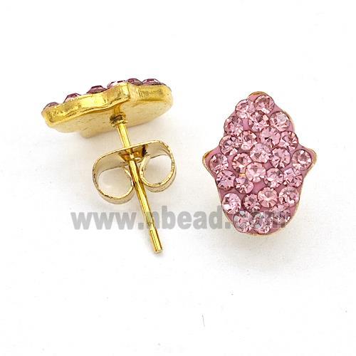 Stainless Steel Hand Stud Earring Pave Pink Rhinestone Gold Plated