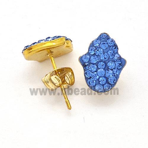 Stainless Steel Hand Stud Earring Pave Blue Rhinestone Gold Plated