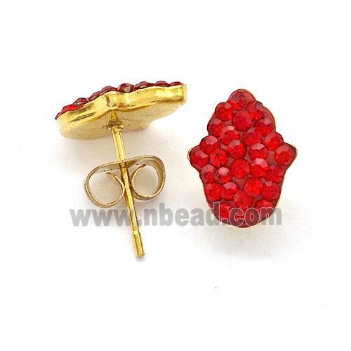 Stainless Steel Hand Stud Earring Pave Red Rhinestone Gold Plated