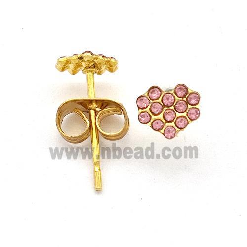 Stainless Steel Heart Stud Earring Pave Pink Rhinestone Gold Plated