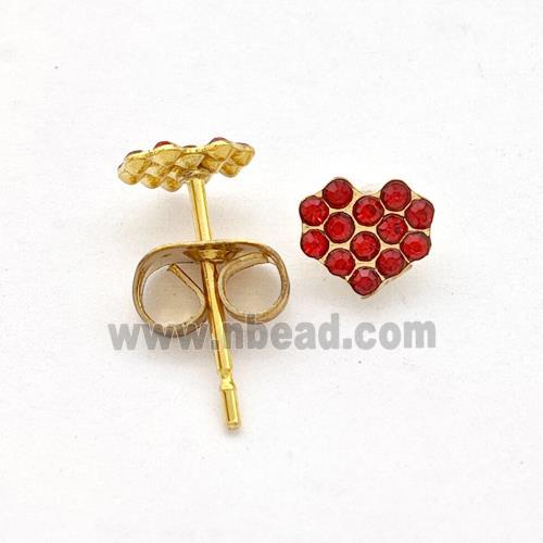 Stainless Steel Heart Stud Earring Pave Red Rhinestone Gold Plated