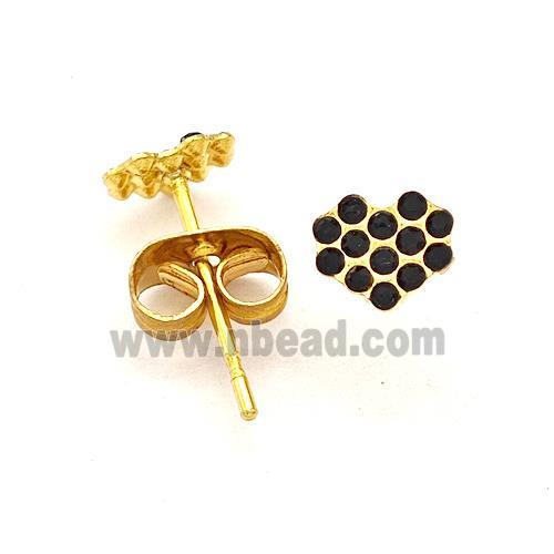 Stainless Steel Heart Stud Earring Pave Black Rhinestone Gold Plated
