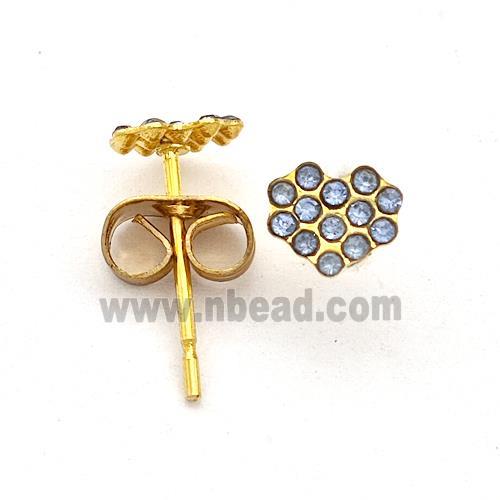Stainless Steel Heart Stud Earring Pave Rhinestone Gold Plated