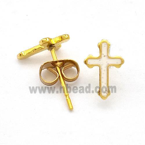 Stainless Steel Cross Stud Earring Pave Fire Opal Gold Plated