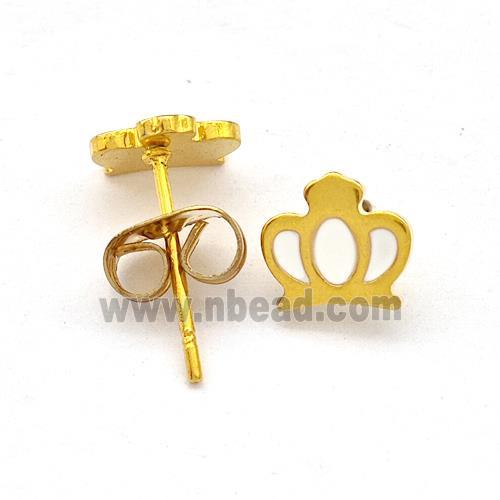 Stainless Steel Crown Stud Earring White Enamel Gold Plated