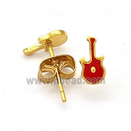 Stainless Steel Guitar Stud Earring Red Enamel Gold Plated
