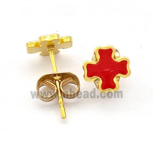 Stainless Steel Cross Stud Earring Red Enamel Gold Plated