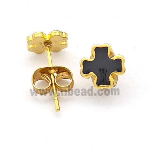 Stainless Steel Cross Stud Earring Black Enamel Gold Plated