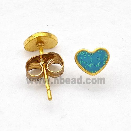 Stainless Steel Heart Stud Earring Pave Green Fire Opal Gold Plated