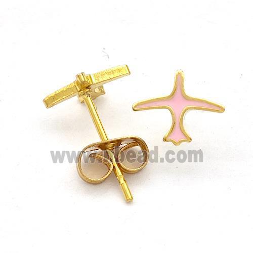 Stainless Steel Airplane Stud Earring Pink Enamel Gold Plated