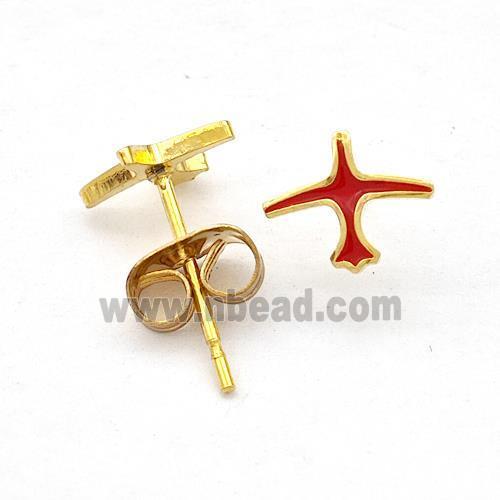 Stainless Steel Airplane Stud Earring Red Enamel Gold Plated